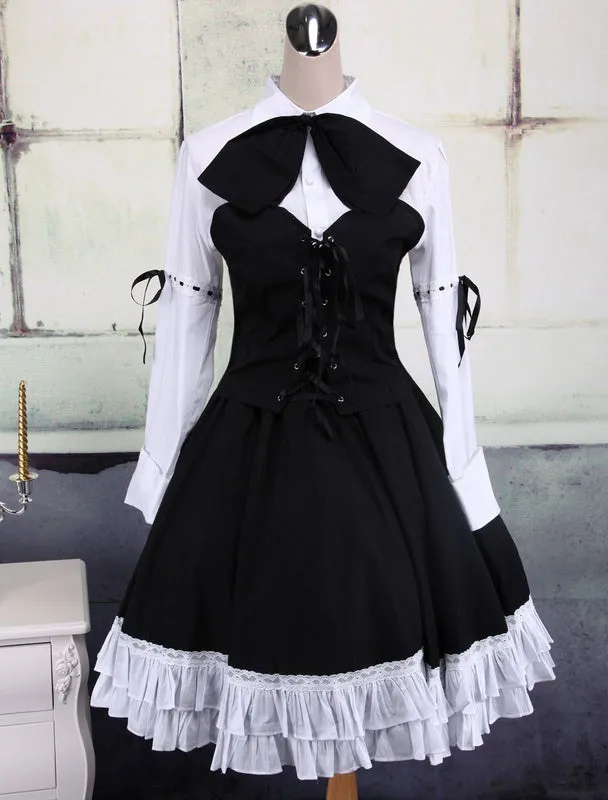 Cotton White And Black Long Sleeves Punk Lolita Blouse And Skirt